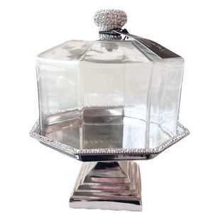 TAHARI Rhinestone Designer Pastry Cake Storage Glass Dome Stand Octagon Cloche